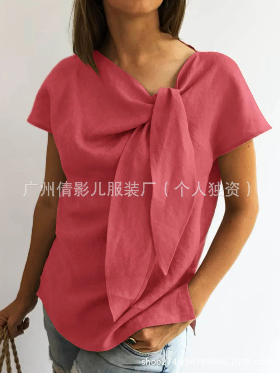 Linen Bow-Knot V-Neck Short-Sleeved Casual T-Shirts For Women