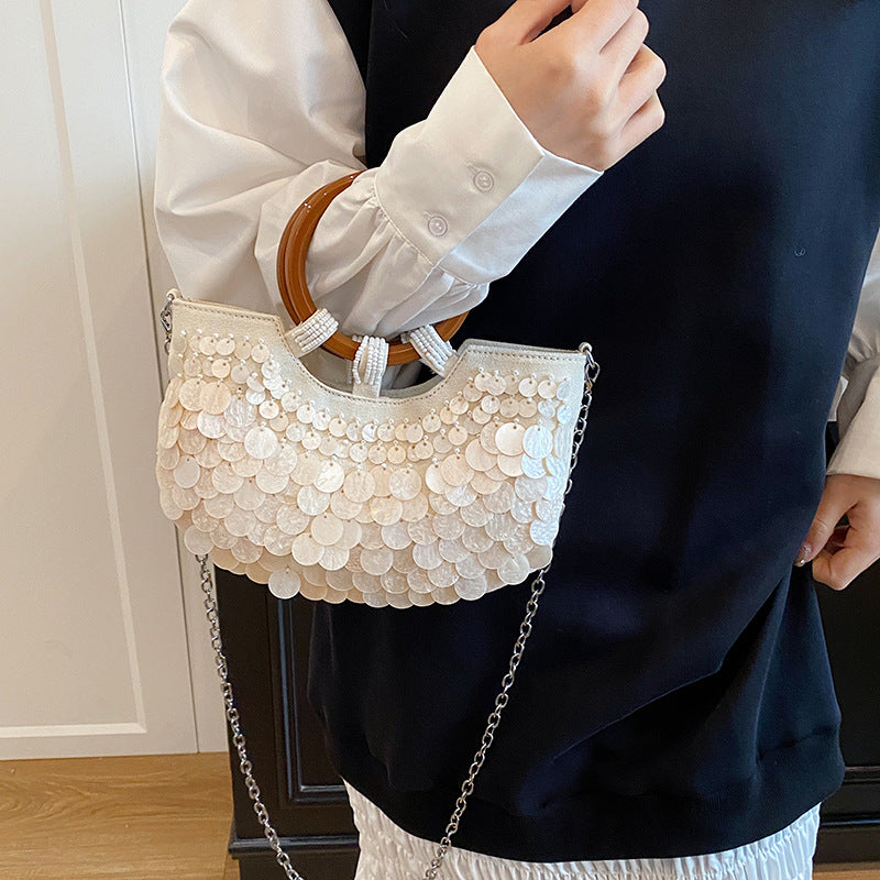 New Fairy-Style Handmade Shell Bag With Wooden Handle, Beach Vacation Chain Shoulder Crossbody Bag